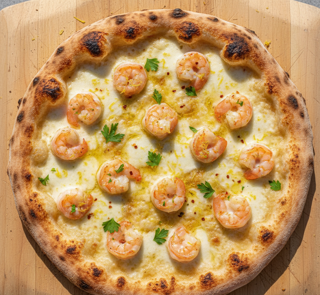 wood fired shrimp scampi pizza